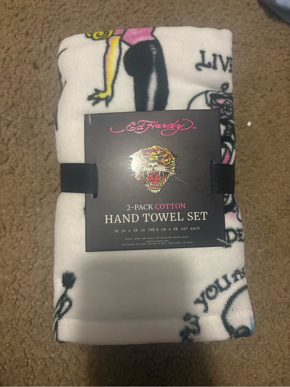 Ed Hardy White Hand Towel Set with Black and Pink Graphic Accents